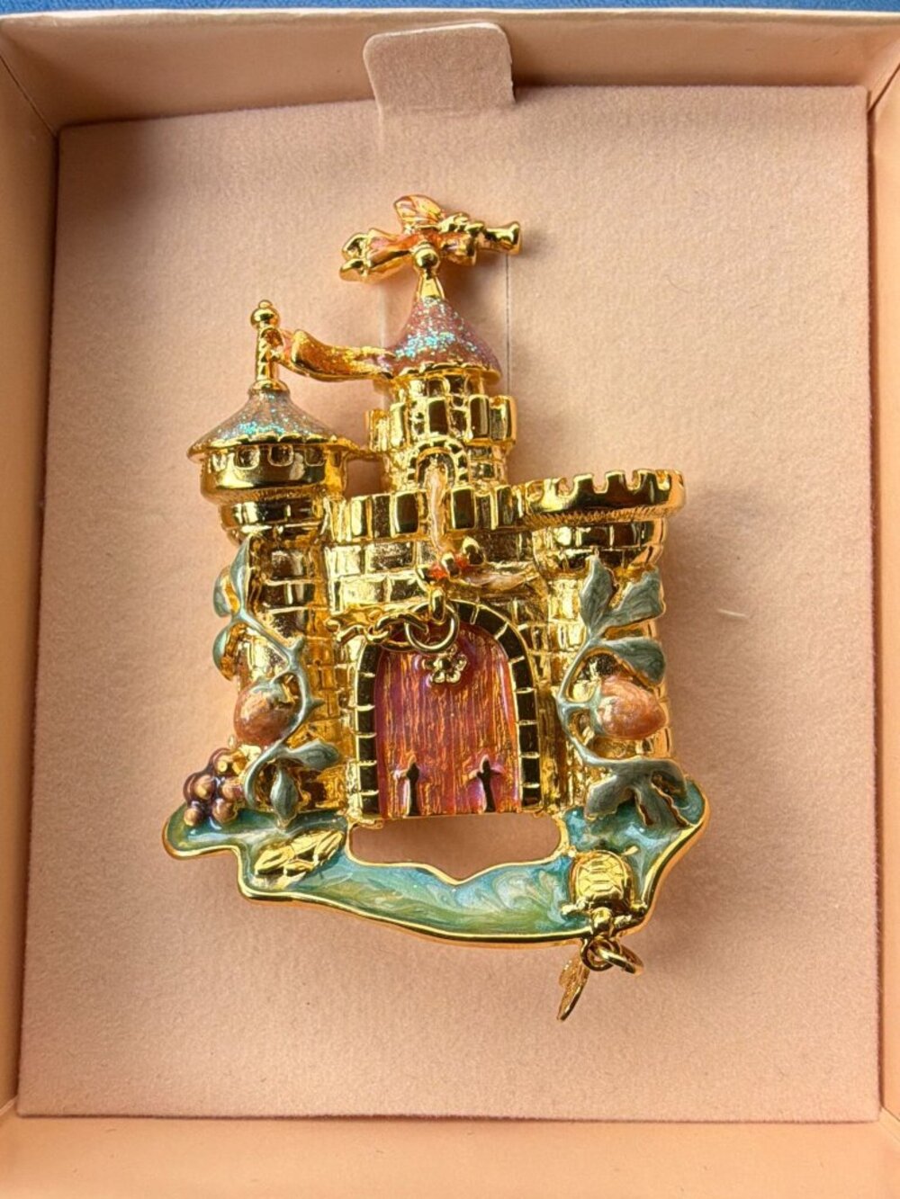 Vintage Kirks Folly Castle Brooch Articulated Door Drawbridge Enamel Pin In Box